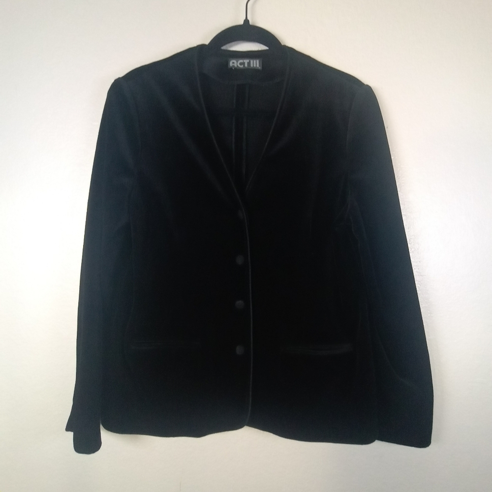 Act III Vintage 70s Black Velvet Button Down Unstructured Rope Trim Blazer 12
